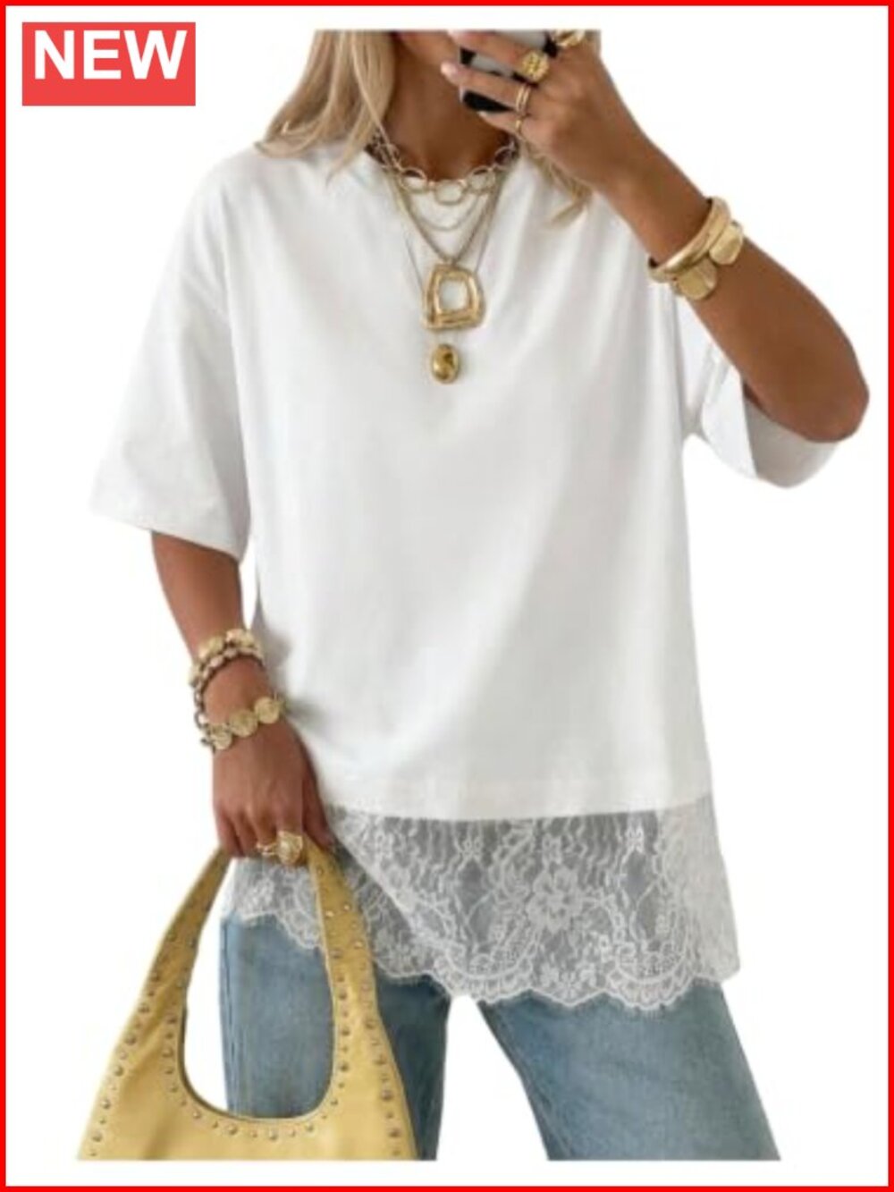 Womens Lace Trim Oversized Boxy Tee Short Sleeve Casual Top